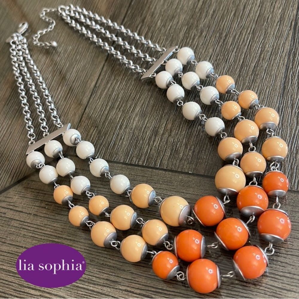Lia Sophia Valencia Triple Strand Matte Silver Orange Ombré Necklace 18”-21”